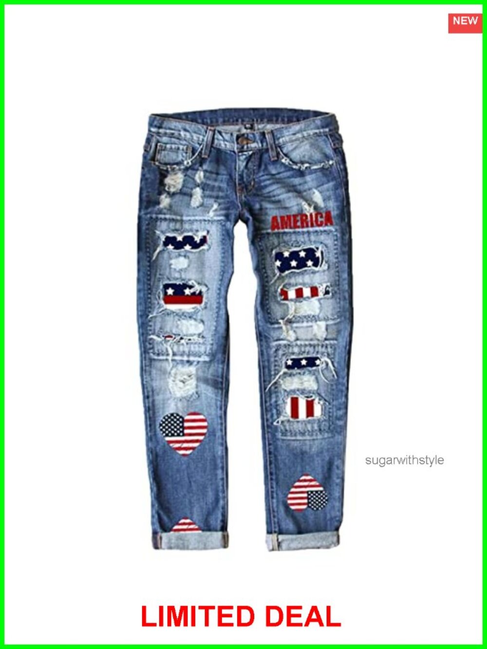 Womens Boyfriend Jeans Stretchy Ripped Distressed American Flag Denim Ankle